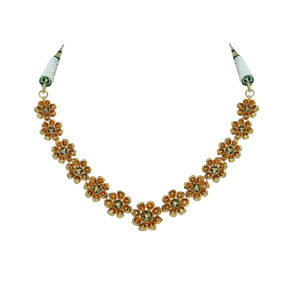 Polki Necklace with Emerald Accents and Blooming Design